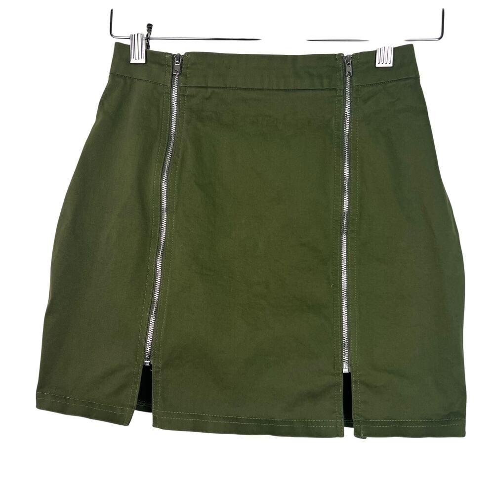 Superdown Women's Size Small Olive Green Double Zip Front Stretch Mini‎ Skirt
